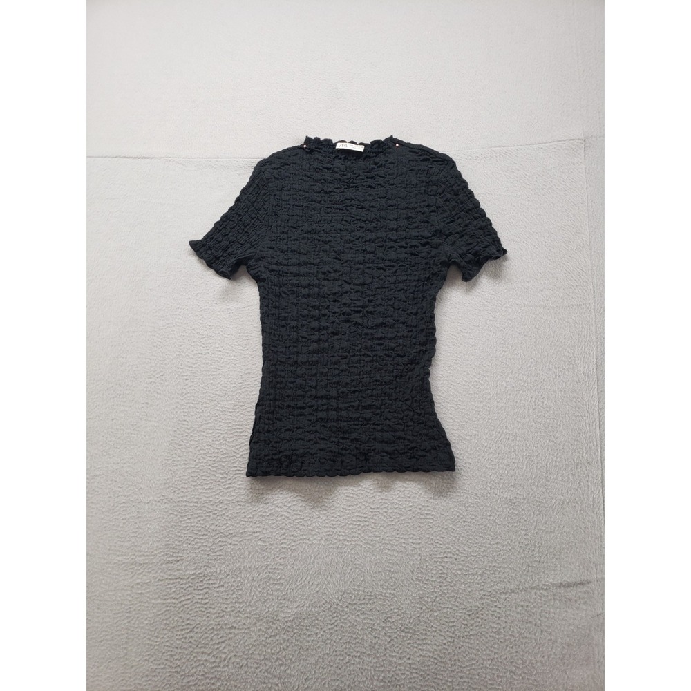 Zara Women Top S‎ Black Crew Neck Pullover Short Sleeve Smocked Stretched Casual
